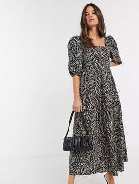 Mango MNG Black and White Printed Puff-Sleeve Maxi Dress